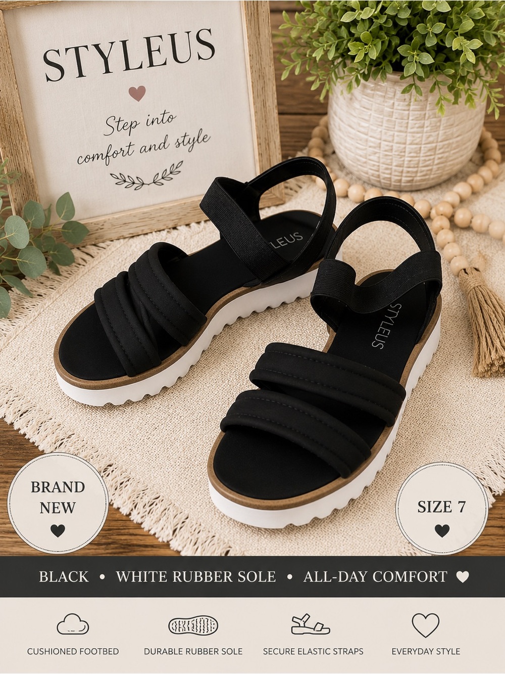 NEW Stylus Sandals Women’s  7 Black